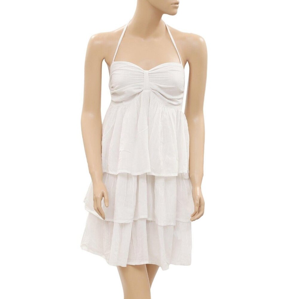 Mbym Smocked Ruffle Tiered Mini Tunic Dress Halter White Sleeveless S New 200230